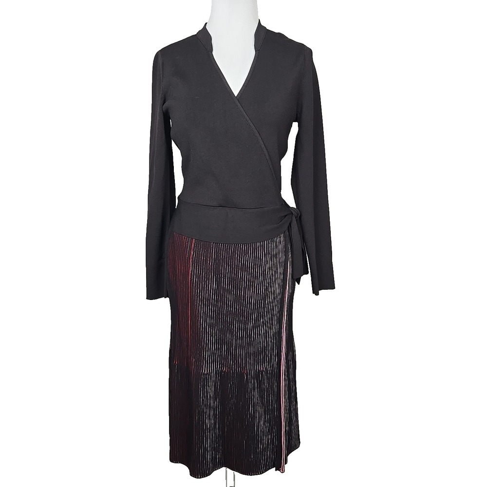 Nic + Zoe Black Ribbed Nylon Knit Faux Wrap Sweater Dress Size Medium M